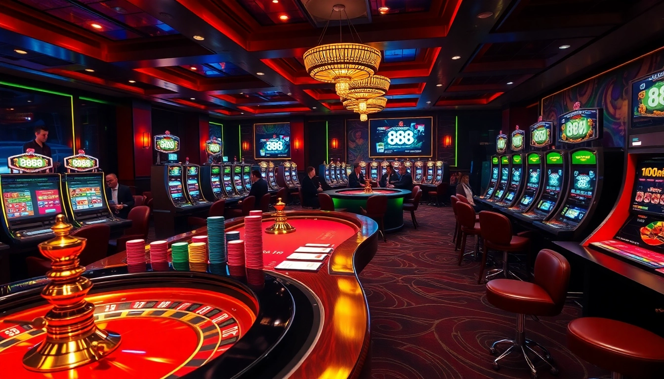 Experience the excitement of casino gaming with 888b. com, featuring vibrant poker tables and illuminated slot machines.