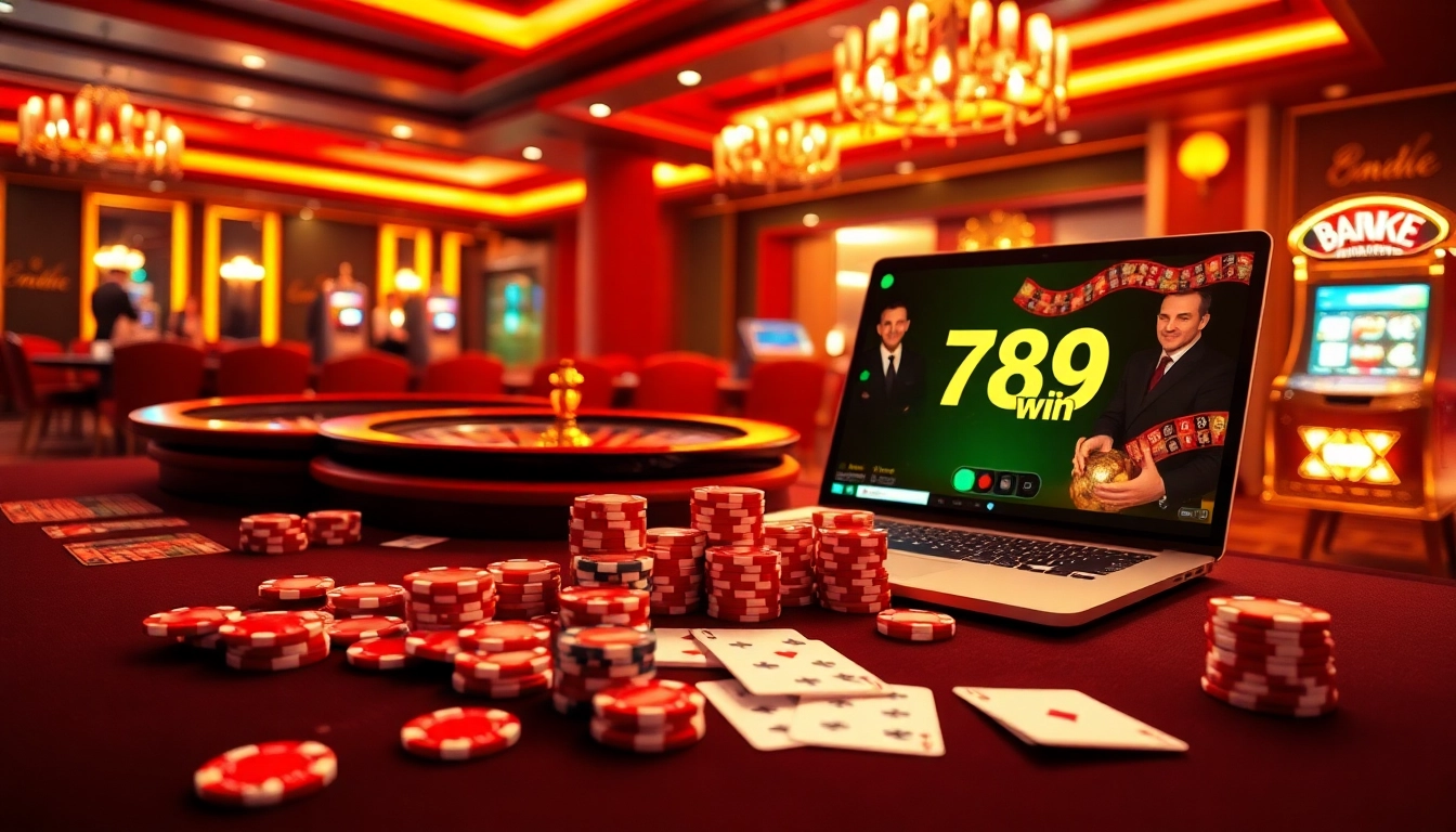 Experience 789 win excitement with casino tables and vibrant poker chips in a luxurious setting.