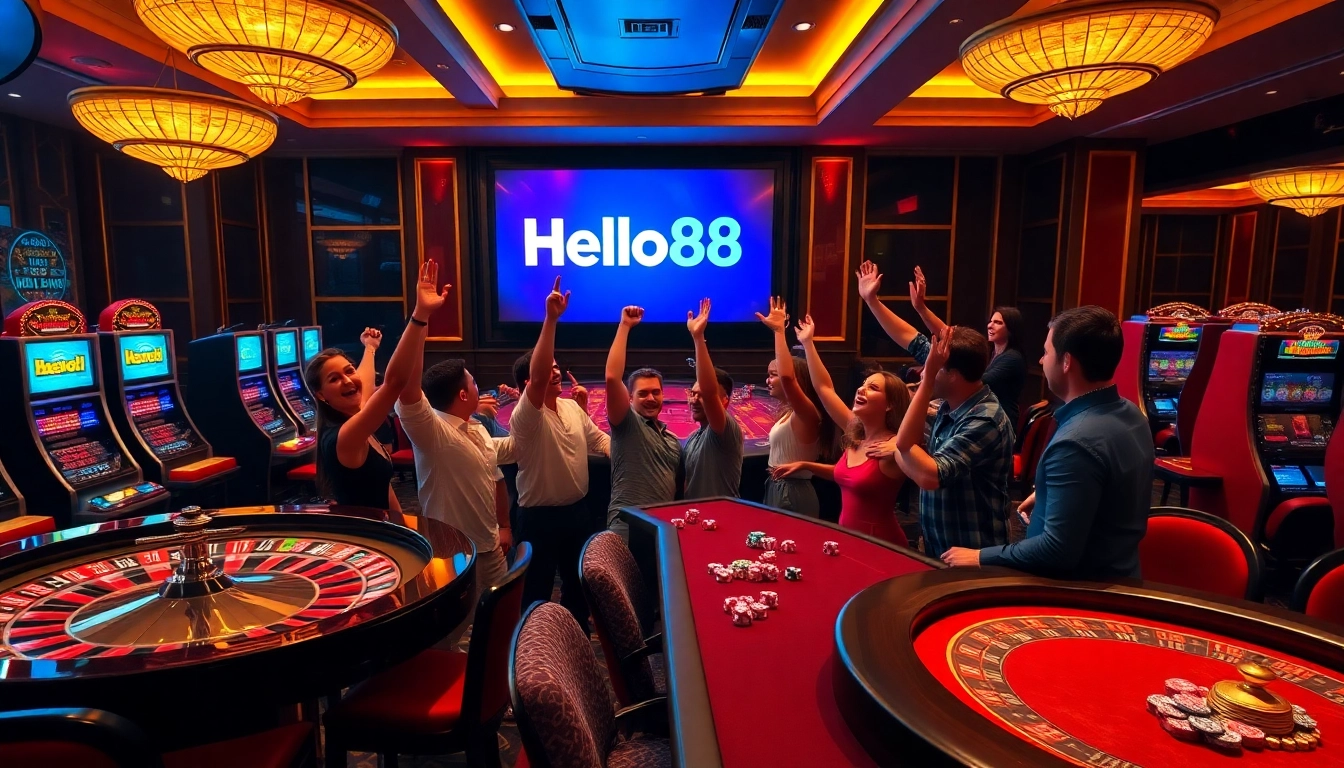 Engaged players winning at Hello88 in a luxurious casino setting filled with vibrant gaming elements.