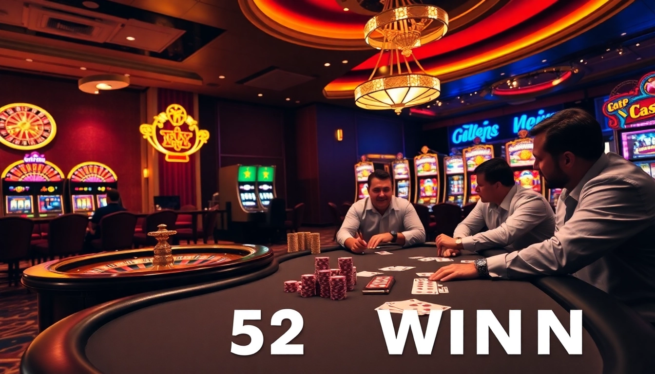 Experience the thrilling atmosphere of 52WIN casino with vibrant games, professional poker players, and shining slot machines.