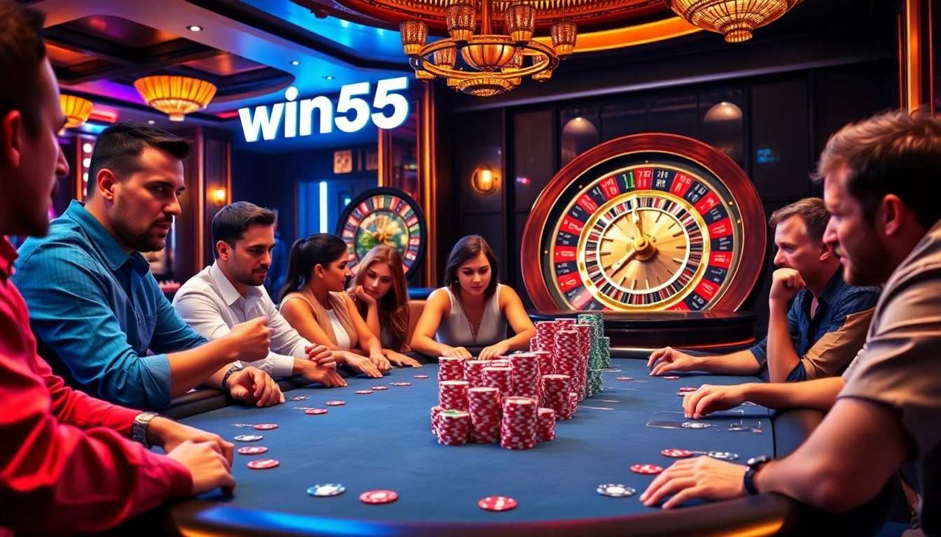 Players enjoying a poker game at a luxurious casino, featuring win55 chips and vibrant decor.