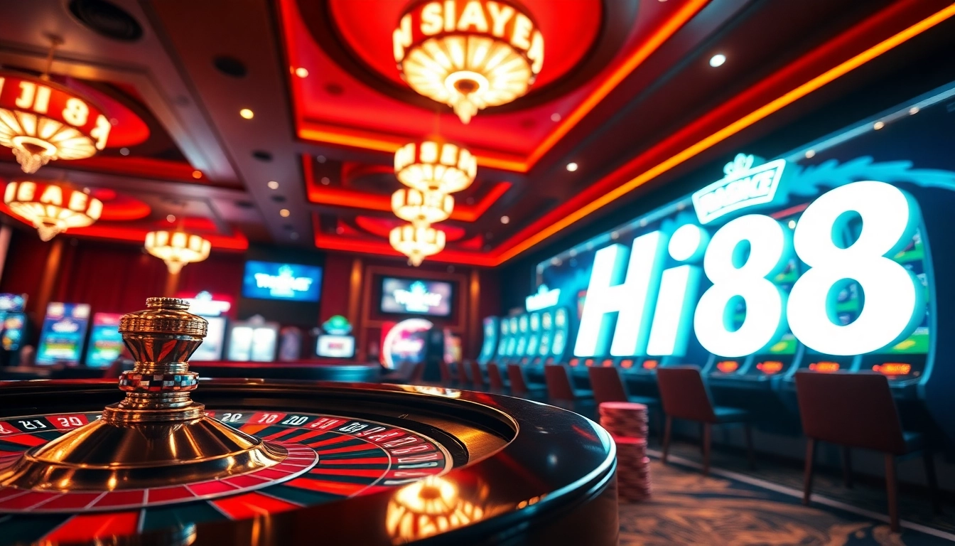 Engaging gaming scene representing Trang chủ Hi88 with roulette and poker elements.