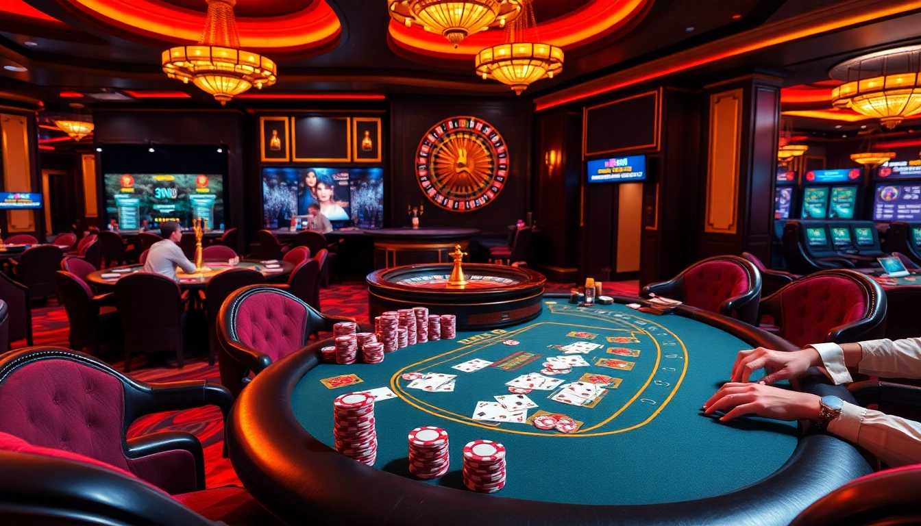 Experience the thrill of high-stakes poker at King88.limited, featuring vibrant gaming elements and an elegant casino backdrop.