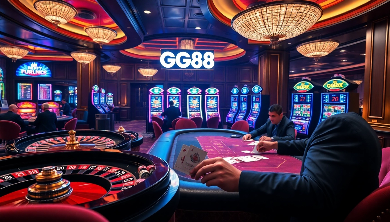 Exciting casino atmosphere showcasing GG88 with roulette, poker, and slot games.