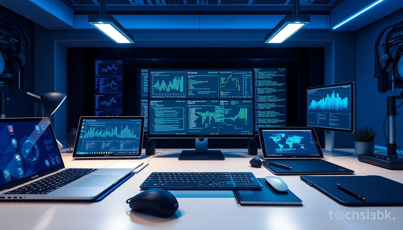 Innovative technology workspace showcasing devices and digital interfaces at techeslabs.wiki