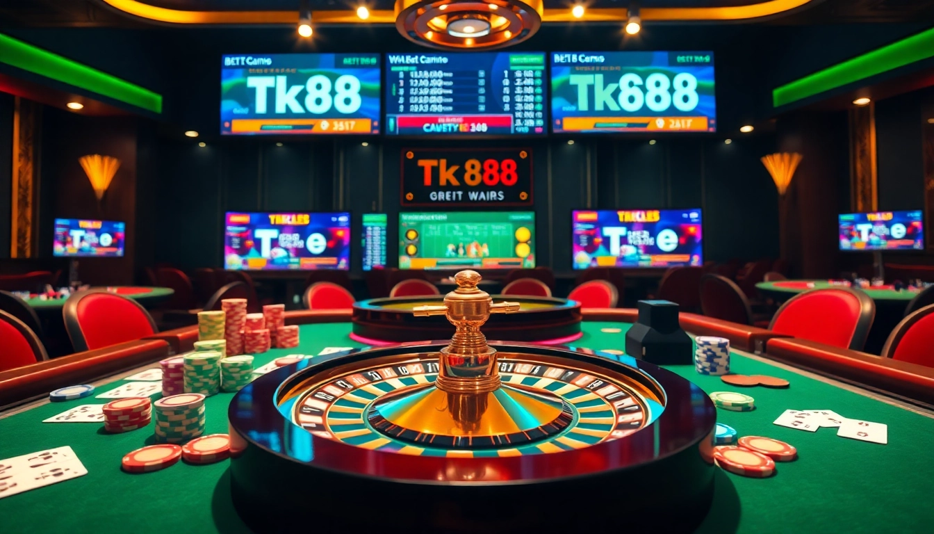 Experience thrilling gameplay at tk88 with dynamic casino visuals featuring poker and roulette.
