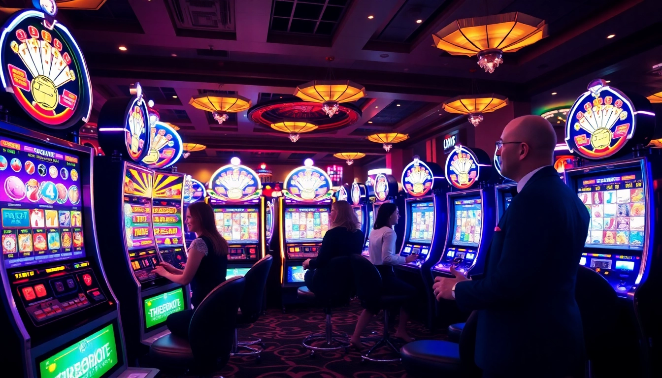 Engaging Slot Online experience with vibrant machines and excited players in a luxurious casino setting.