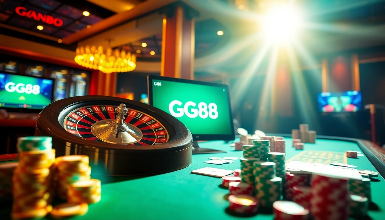 Experience the thrill of betting at GG88 with vibrant casino visuals, roulette wheels, and poker tables.