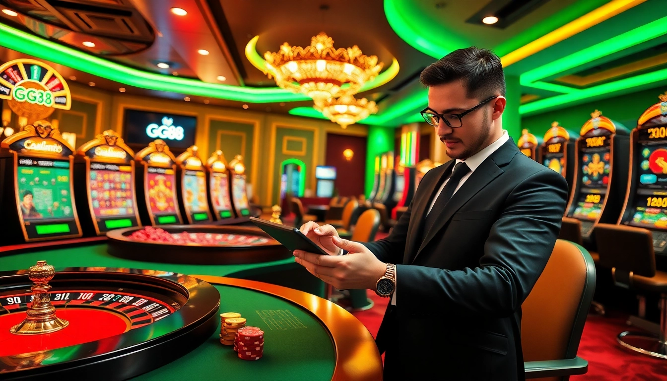 A vibrant scene showcasing the online gambling experience at nhà cái GG88 with poker chips and slot machines.