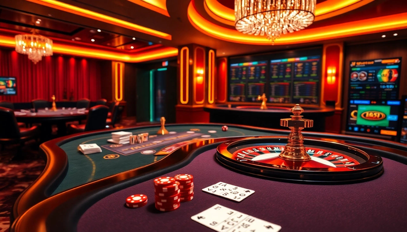 Experience high-stakes excitement at BJ 888 with luxury casino elements like poker tables and roulette.
