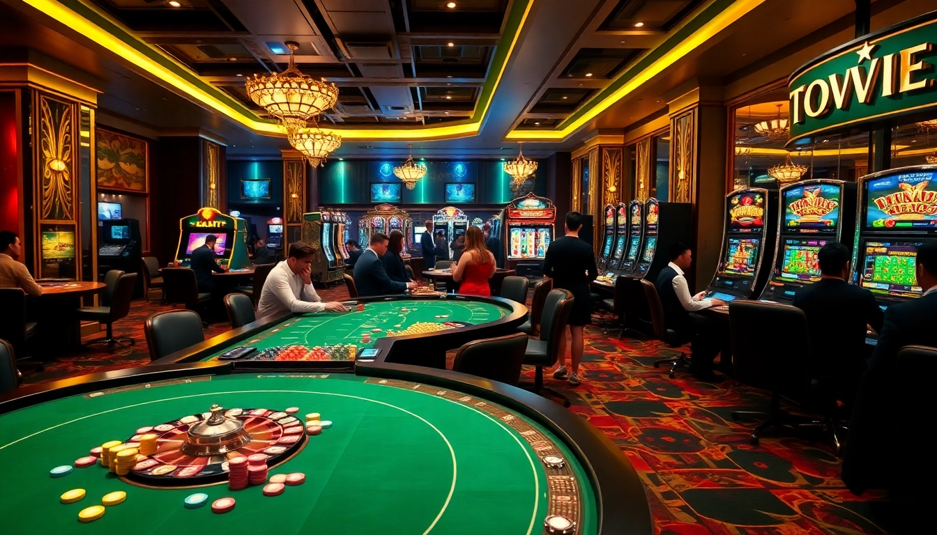 TOPVIP players enjoying an exciting casino experience with poker chips and roulette wheel.