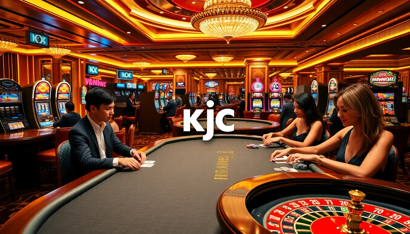 KJC patrons engage in high-stakes poker in a vibrant casino atmosphere.
