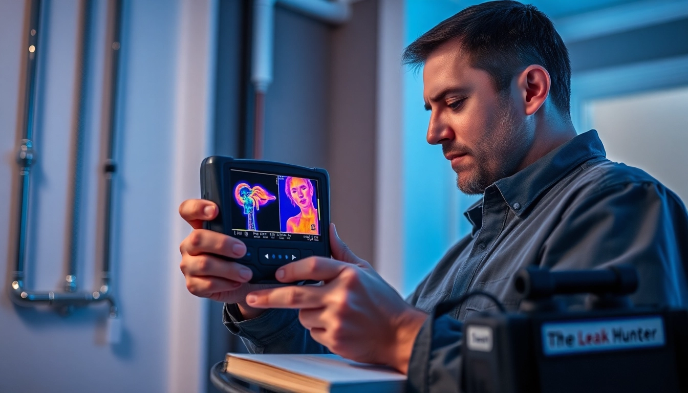 Water leak detection technician using advanced thermal imaging in a home.