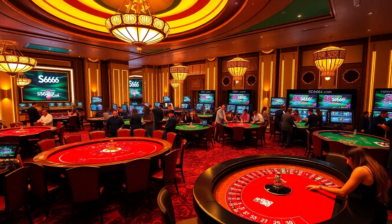 S666 com gaming excitement with players at lavish casino tables and roulette wheels