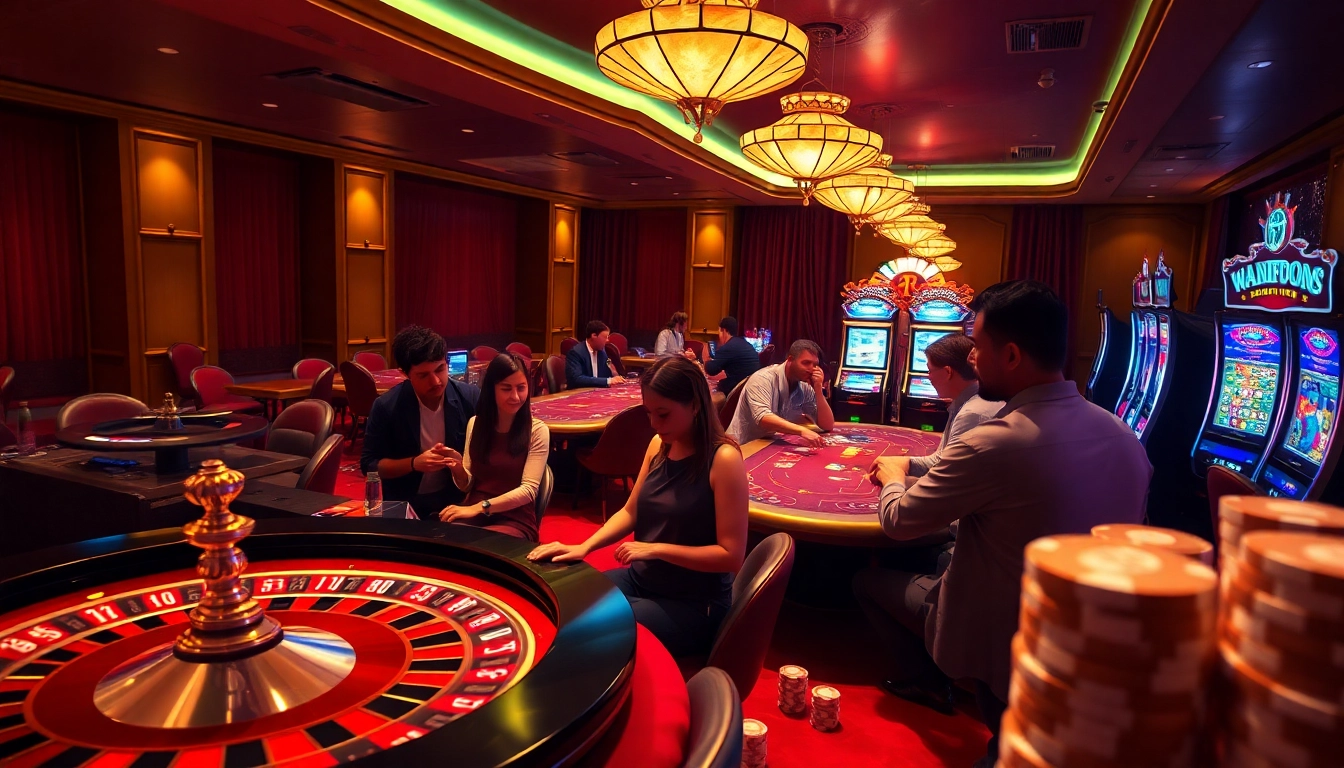 Experience the excitement of https://777vipst.com/ with vibrant casino games, players engaging at poker tables, and a roulette wheel.