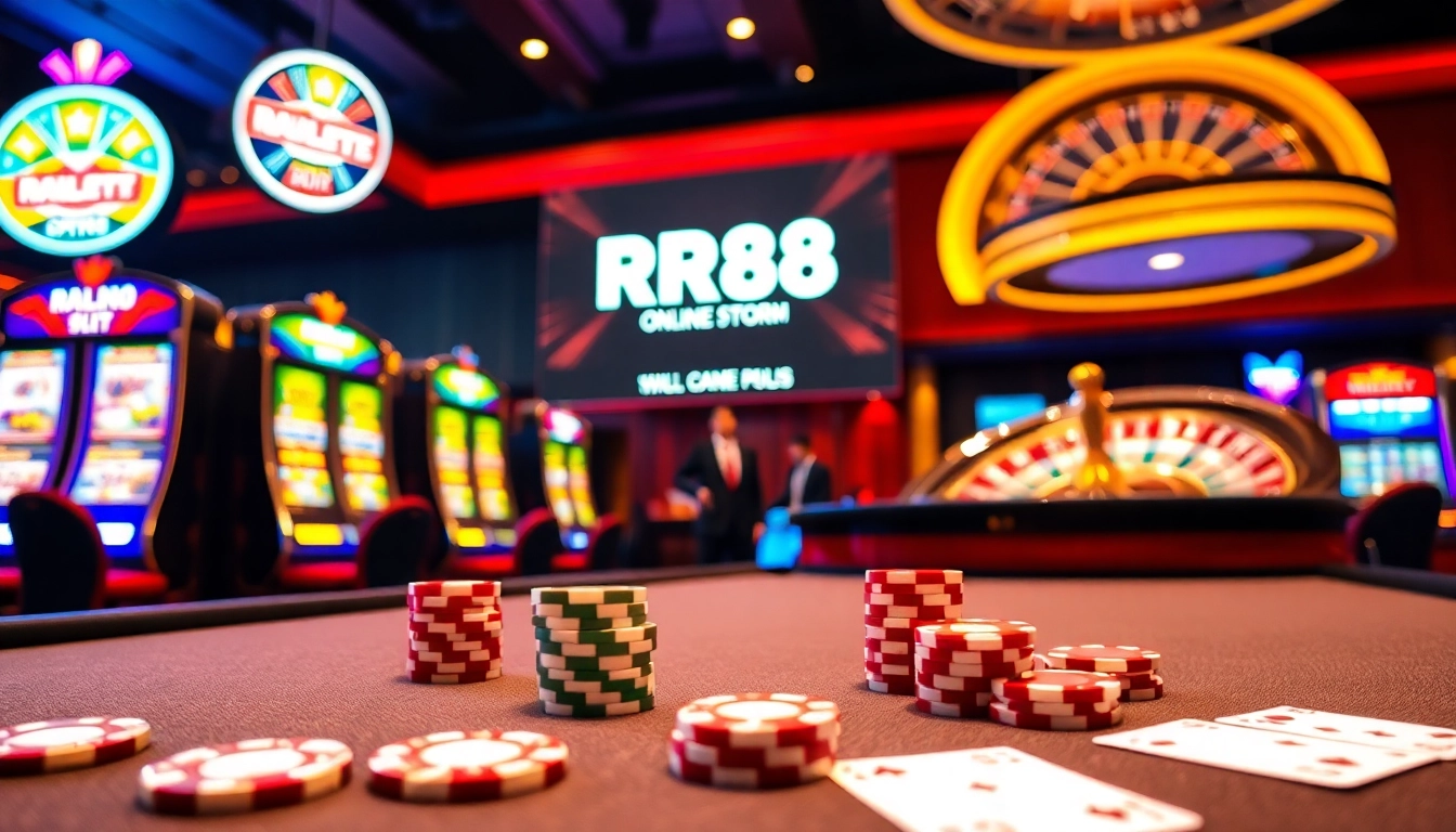 Players engaging in high-stakes action at RR88 casino tables with vibrant slot machines.