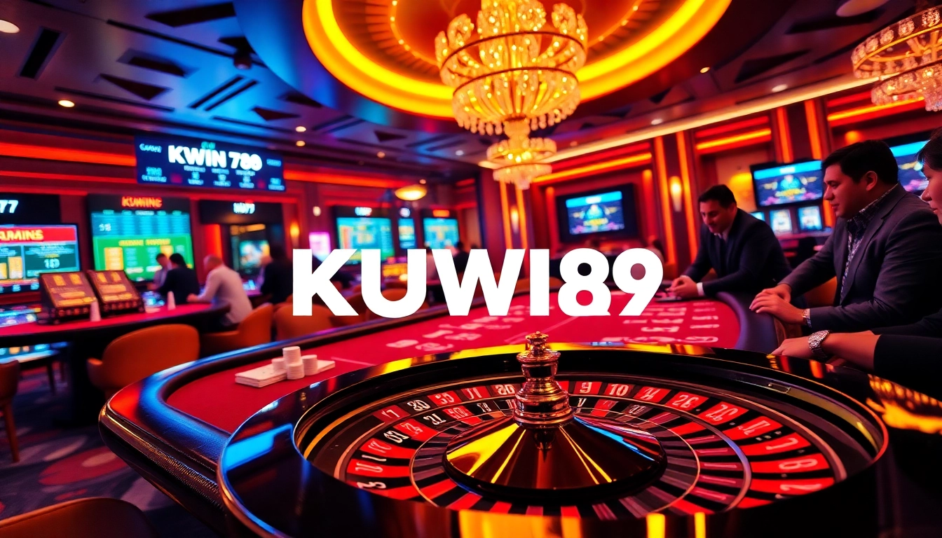 Kuwin 789 online gamblers strategizing at a luxurious casino table with vibrant visuals.