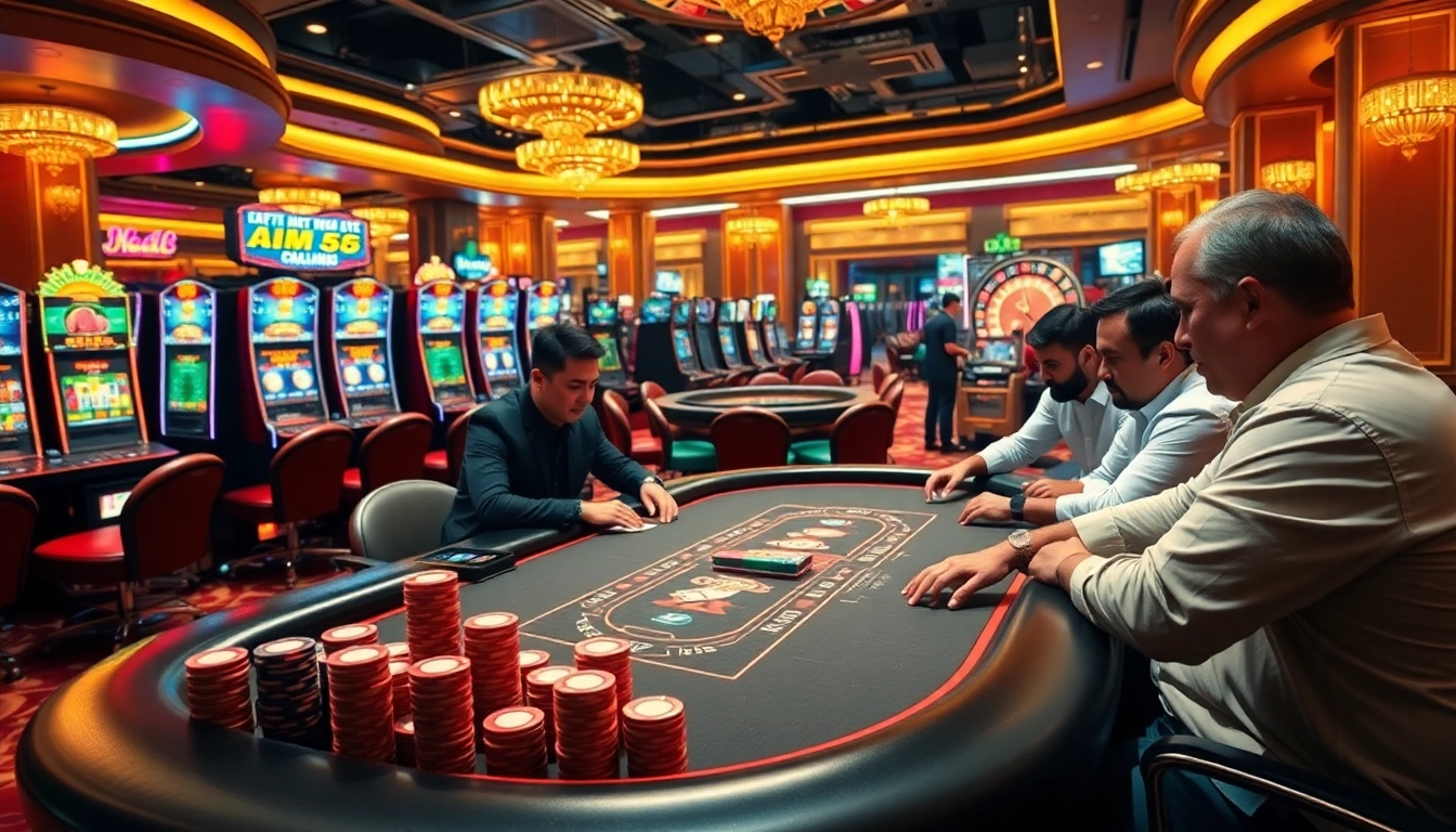 MM88 players engaging intensely at a luxurious poker table in a vibrant casino scene.