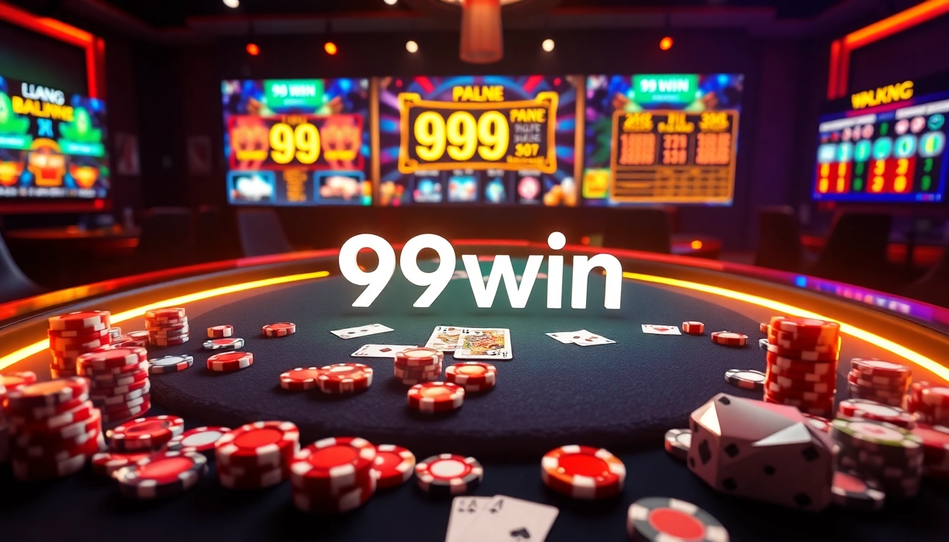 A lively gambling scene at 99win featuring a casino table, chips, and playing cards.