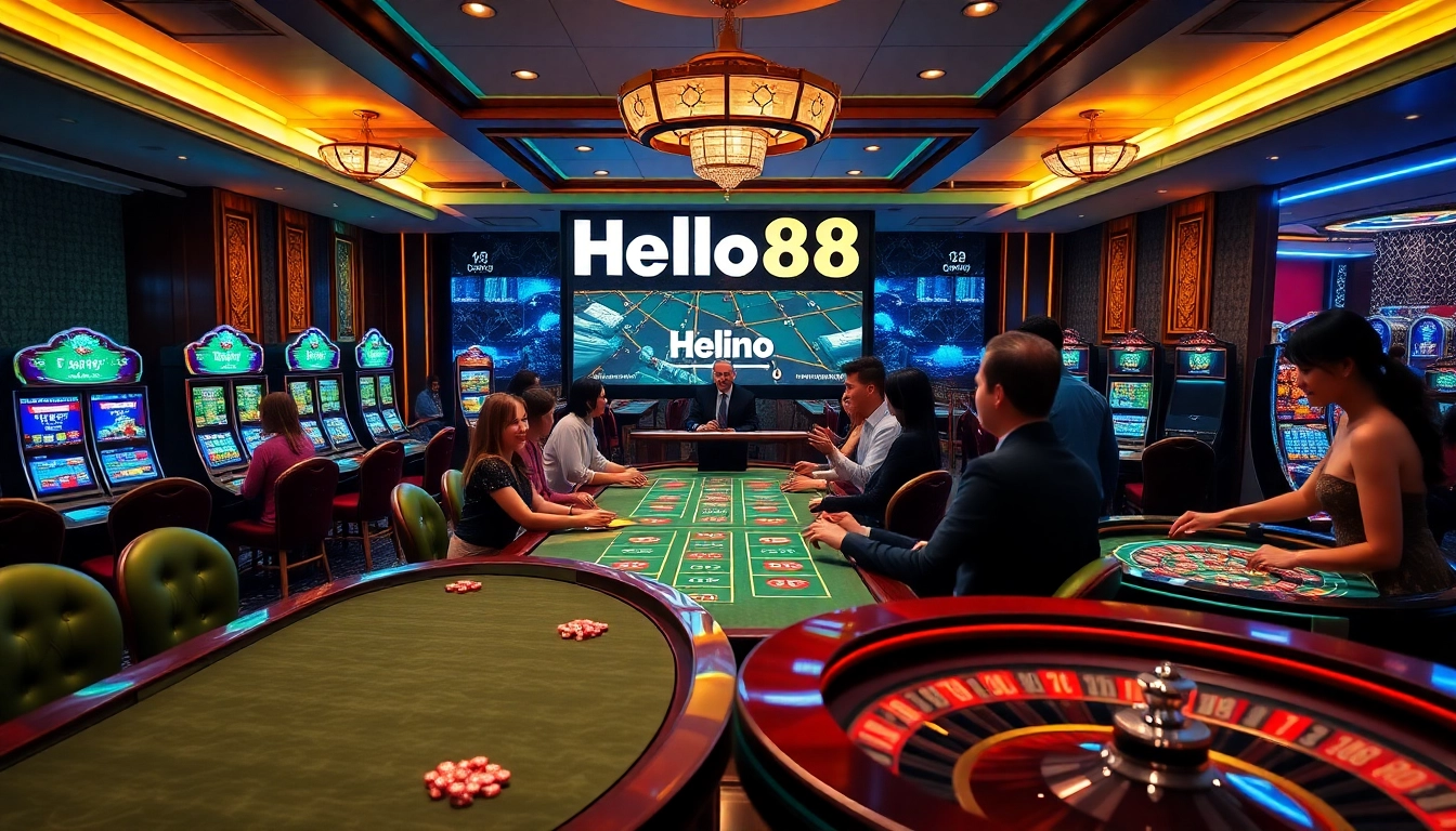 Hello88 online casino scene with poker tables and lively slot machines.