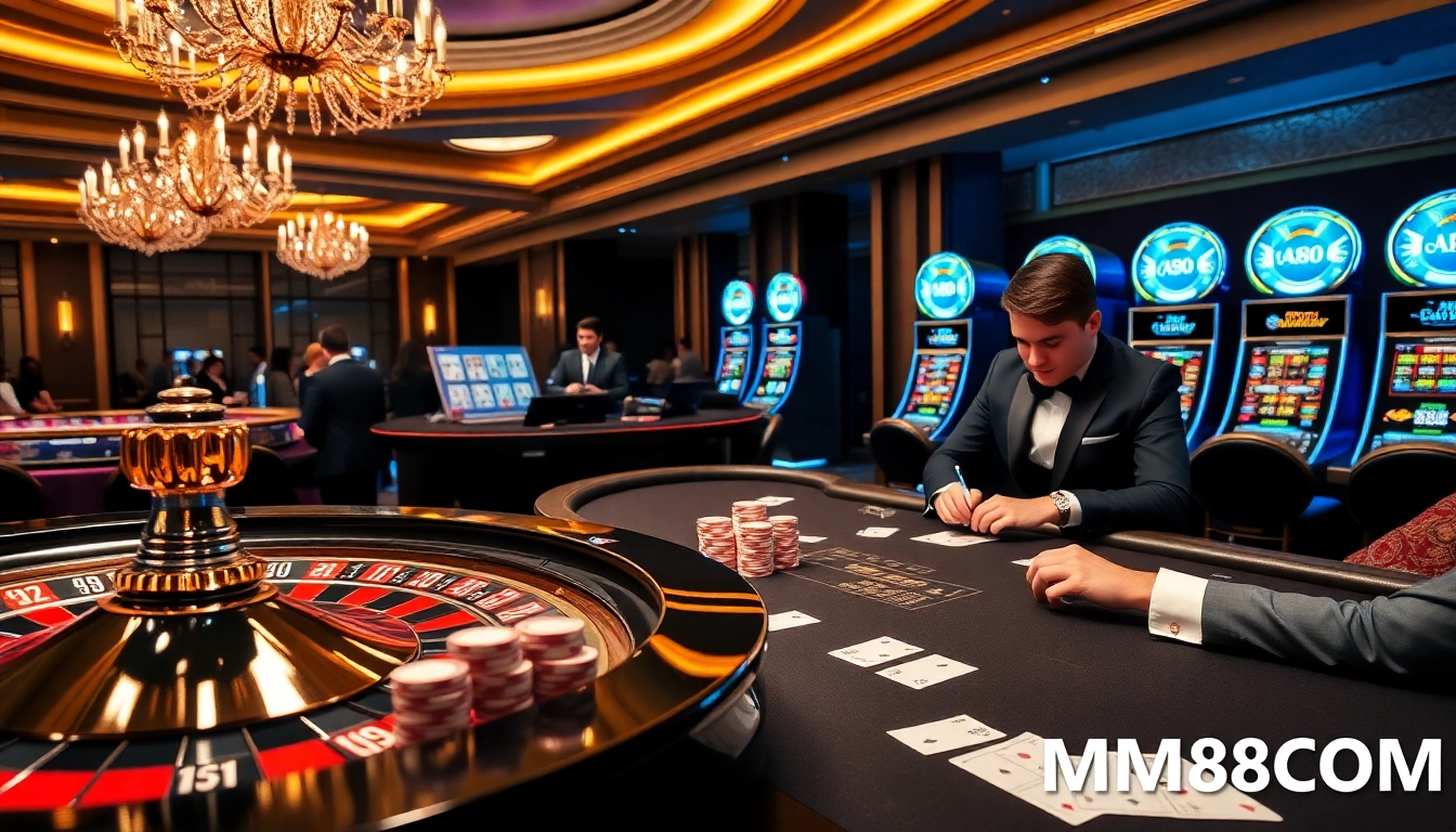 Experience the thrill of betting at MM88COM with an enticing casino scene featuring poker, roulette, and vibrant slot machines.