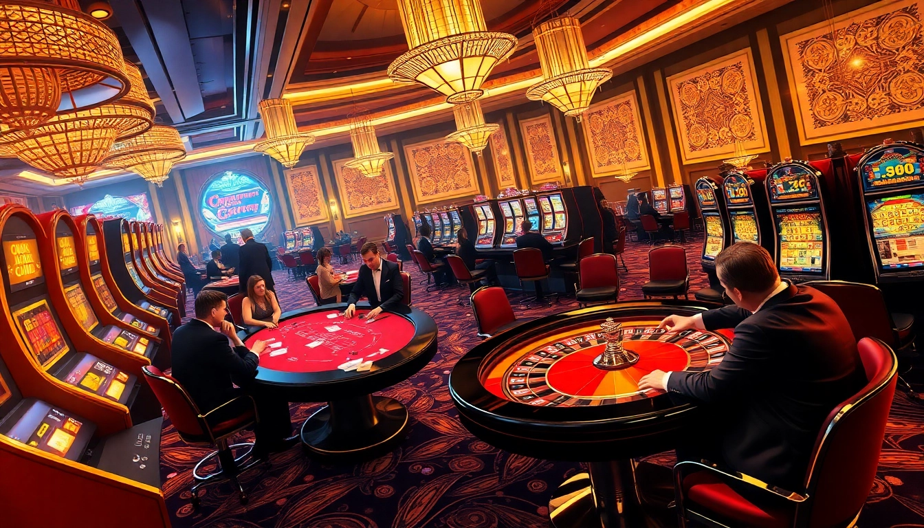 Engaging casino scene showcasing Jun88 with players at poker tables and bright slot machines.