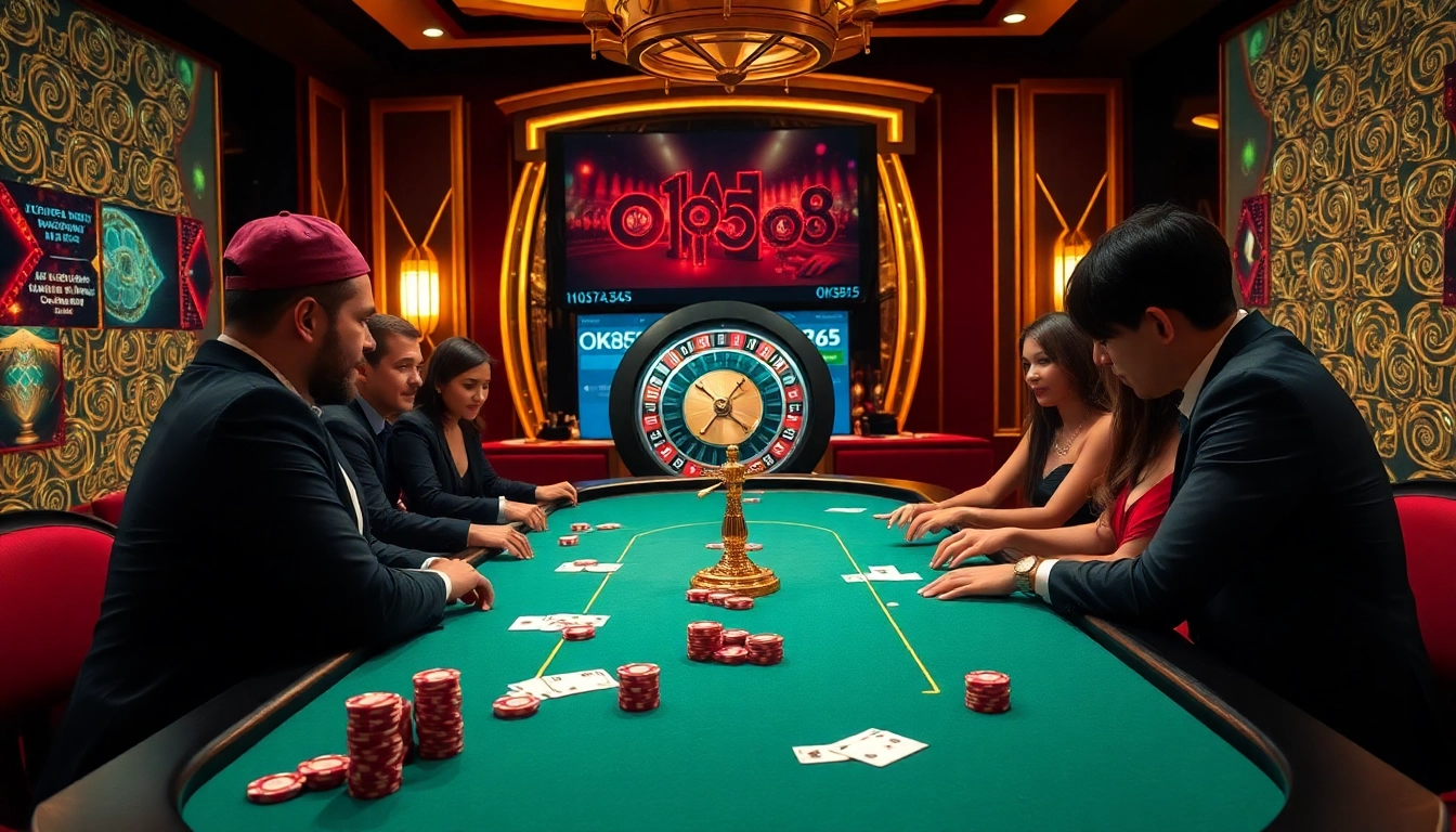 Engaged players at Nhà cái OK365 poker table with vibrant casino elements and betting excitement.