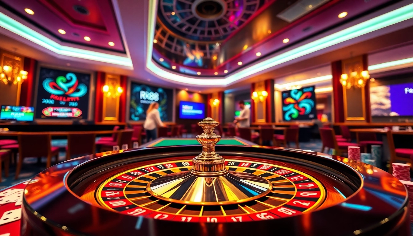 Experience the thrill of rr88 with vibrant casino visuals showcasing roulette and gambling excitement.