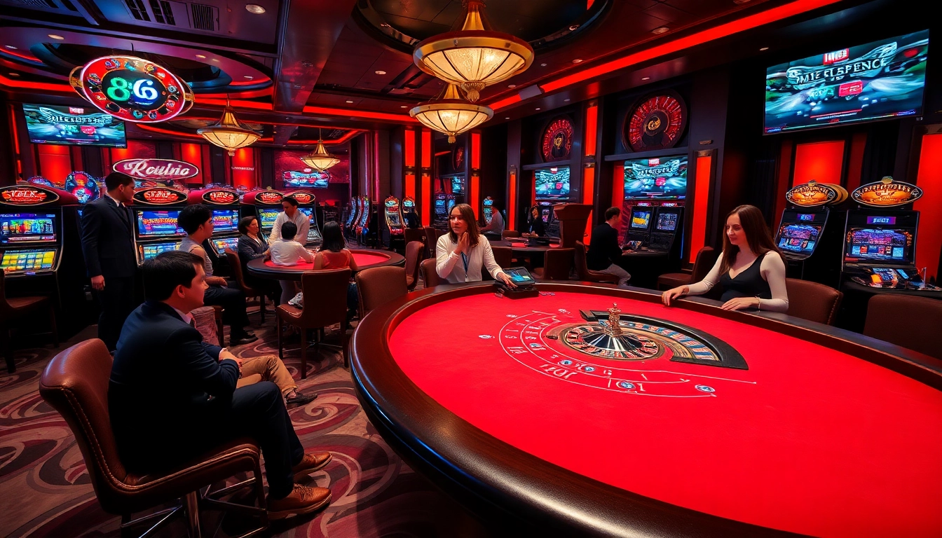 MB66 casino scene showcasing luxury gaming with poker, slots, and roulette.