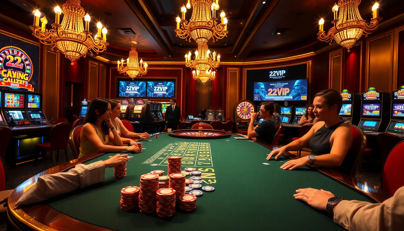 Engaging players enjoying high stakes at the 22VIP casino table with poker chips and cards.