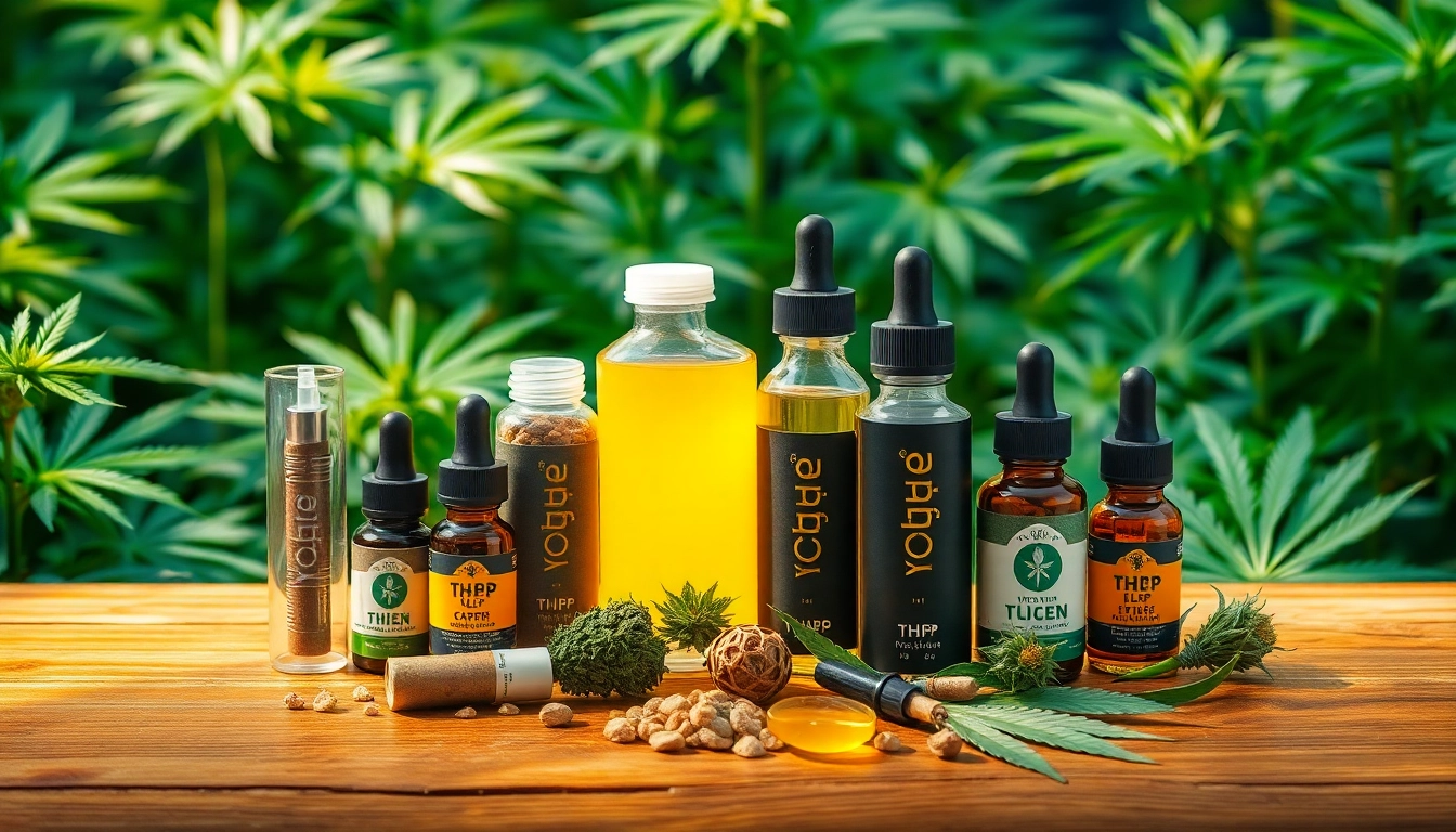 Explore moonbarguy thcp products elegantly displayed on a wooden table surrounded by lush cannabis plants.