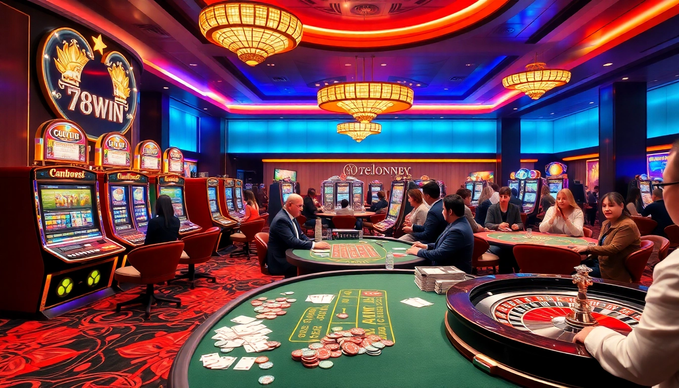 Players enjoying thrilling games at 78WIN casino with vibrant slot machines and lively atmosphere.