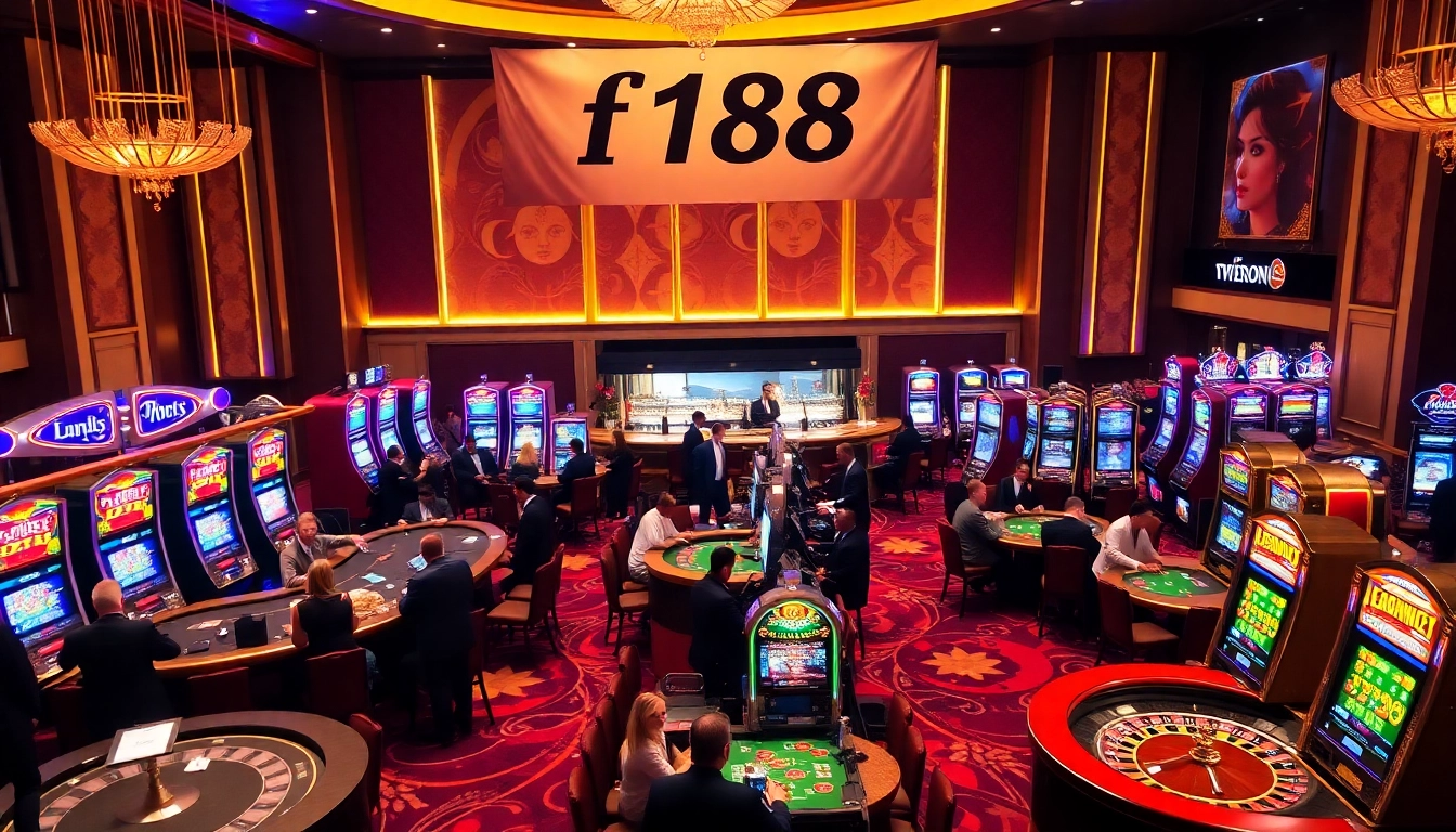 Exciting casino scene with players at tables and slot machines featuring f168 branding.