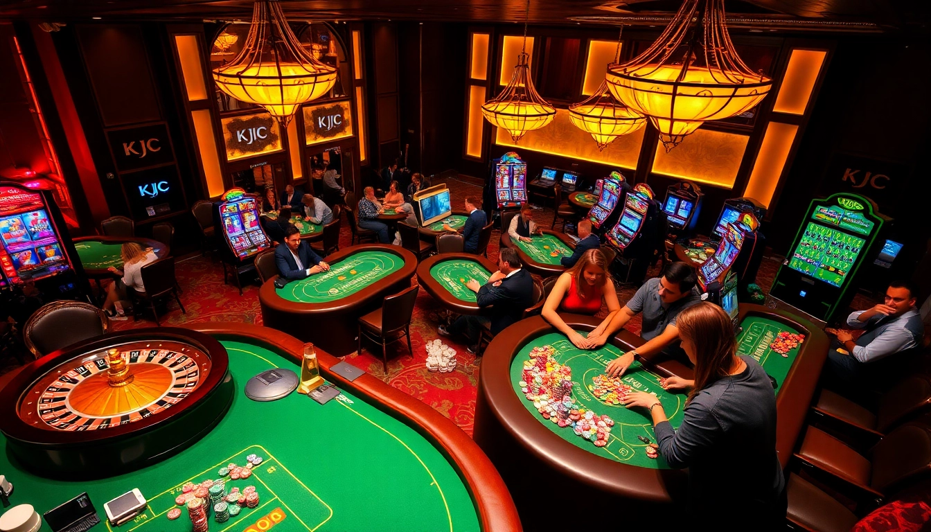 KJC players enjoying high-stakes casino games with roulette wheels and poker chips.