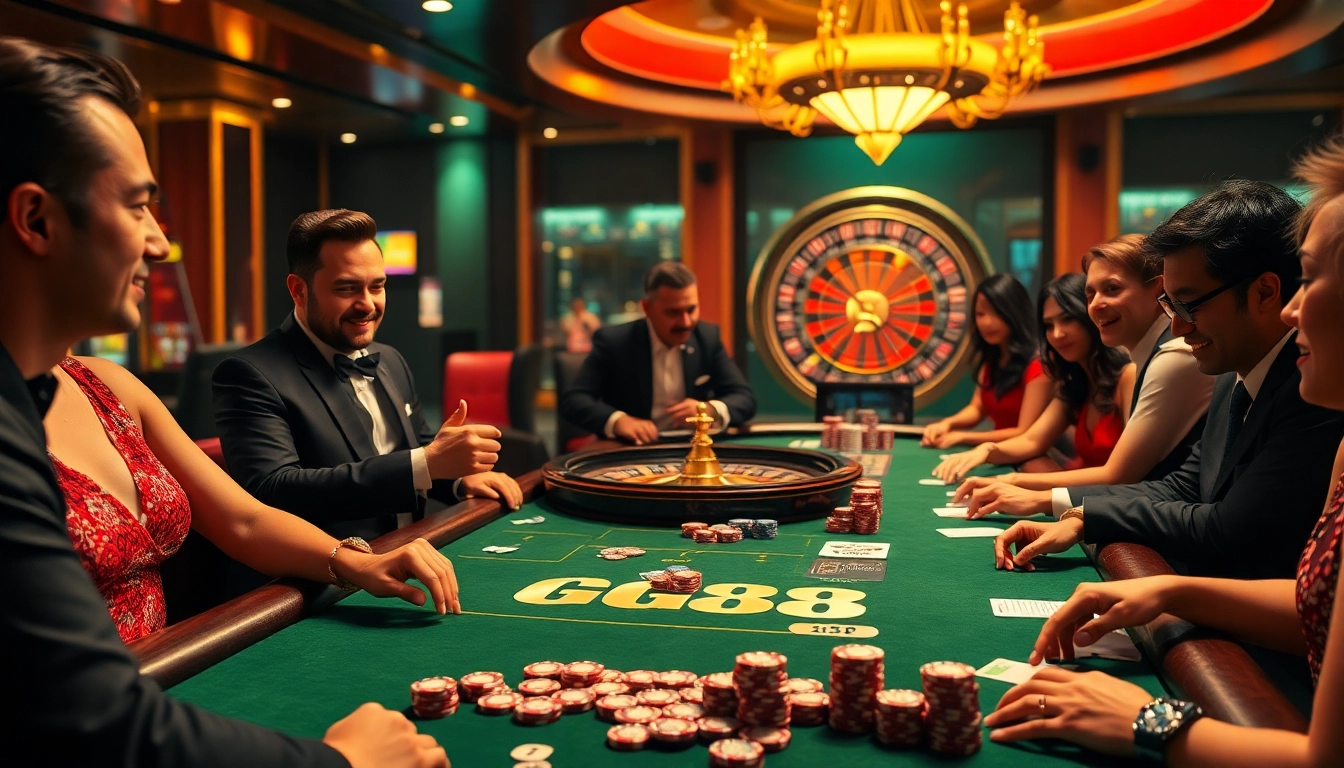 Players enjoying a thrilling game at GG88 casino with poker chips and cards on the table.