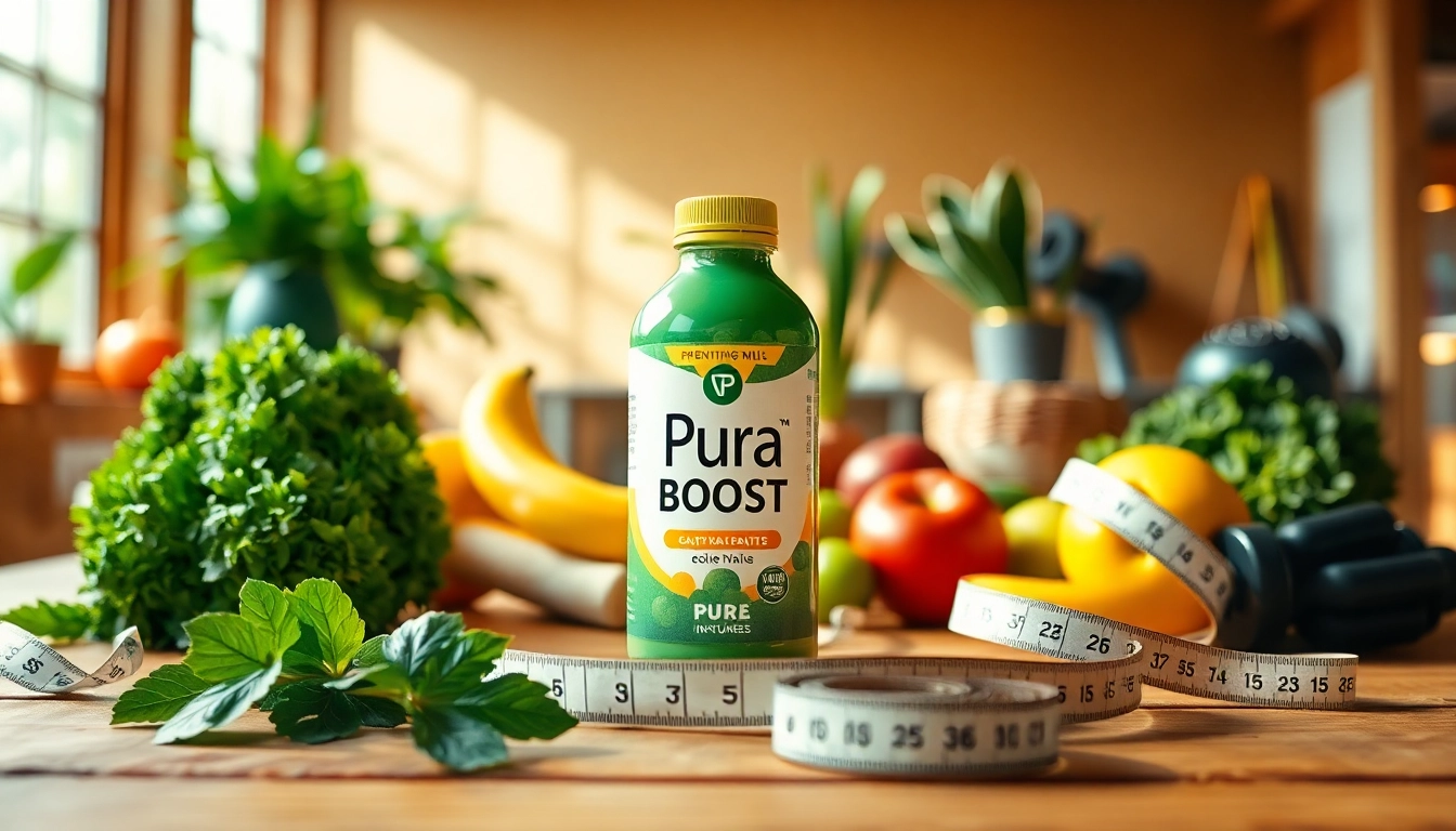 Pura Boost bottle designed to enhance energy and vitality amidst fresh fruits and vegetables.