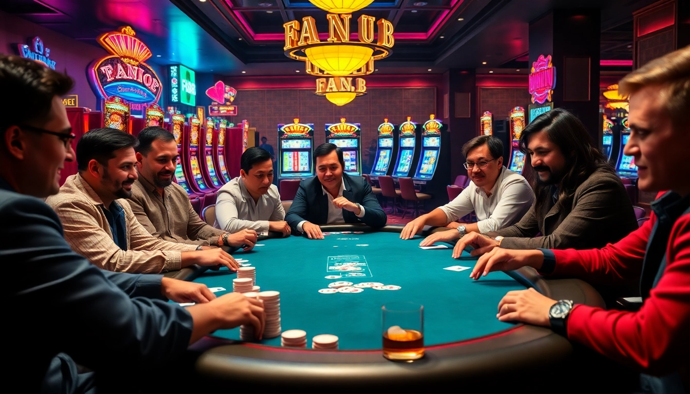 Exciting poker game at FA88-themed casino table with vibrant slot machines and engaged players.