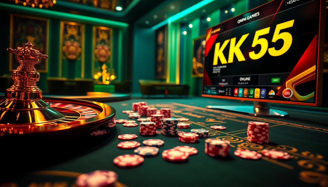 Winning big at KK55 with a luxurious online casino experience, poker chips, and vibrant gameplay.
