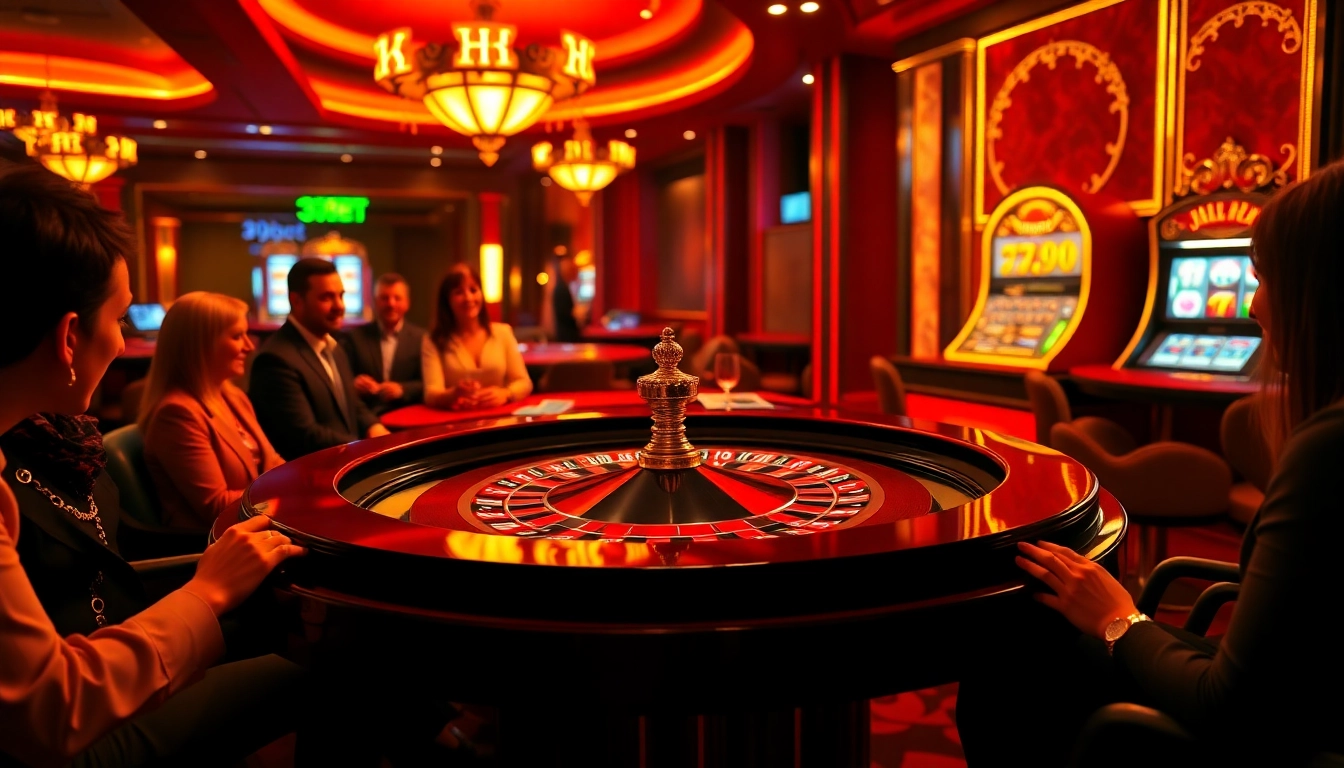 Excited players betting at the luxurious 39bet casino roulette table.
