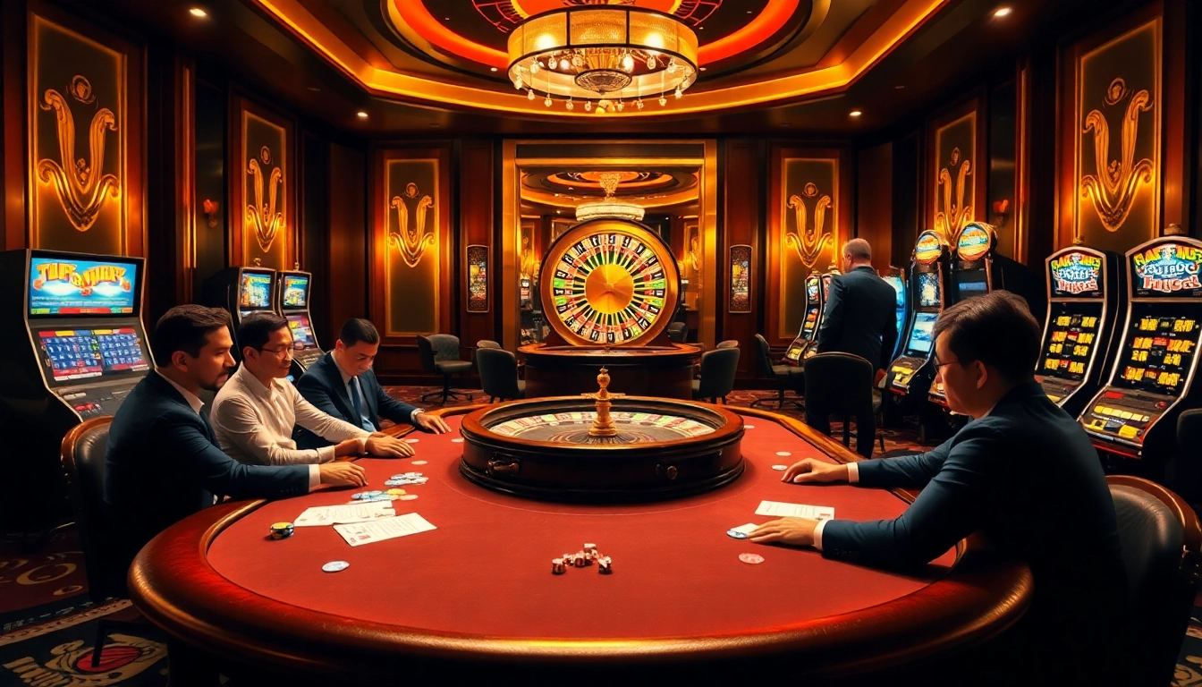 Engaging scene of high-stakes gambling at https://keobongda88.co/ with poker tables and roulette wheels.