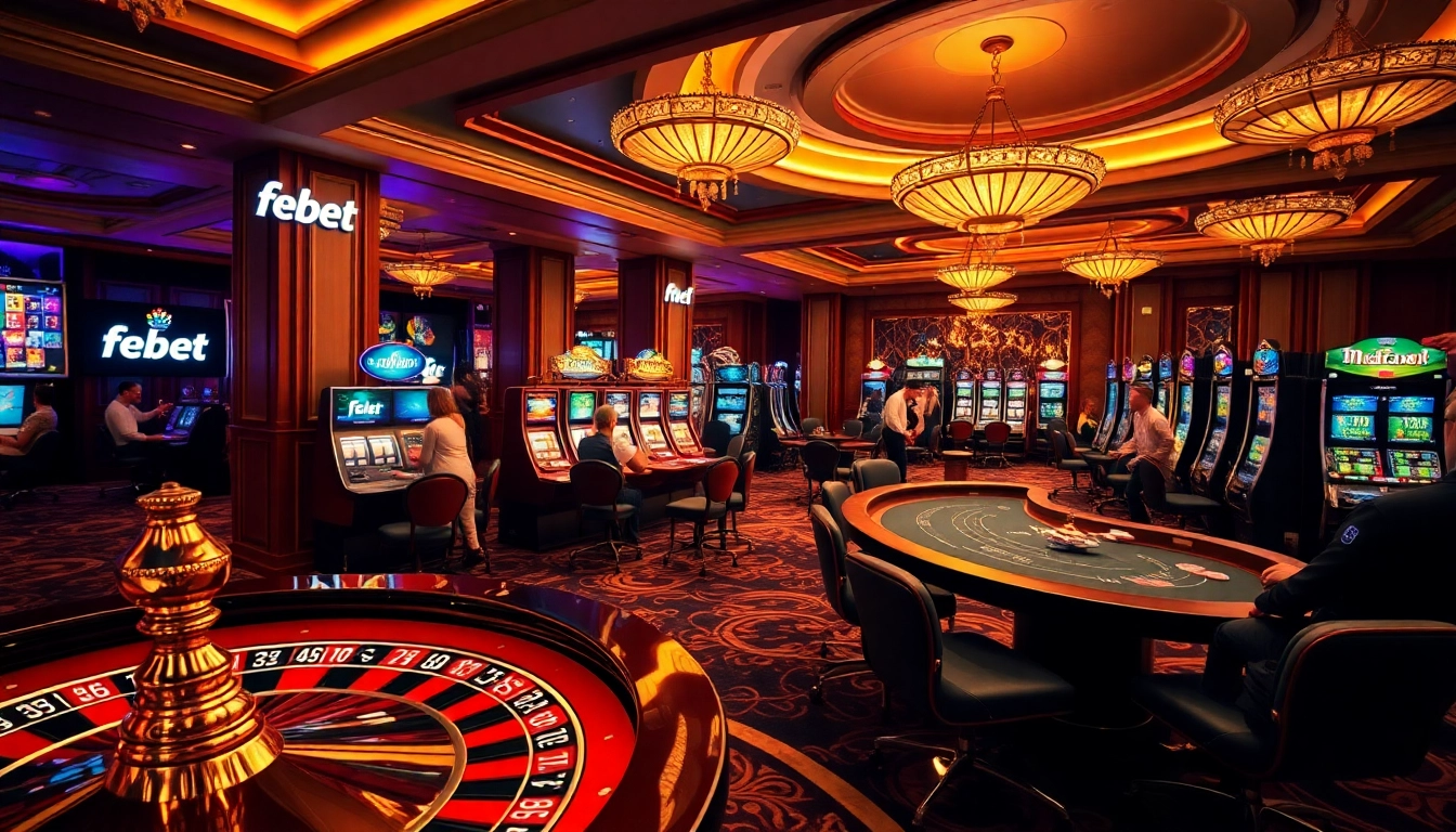Play exciting casino games at febet with vibrant tables and illuminated slot machines.