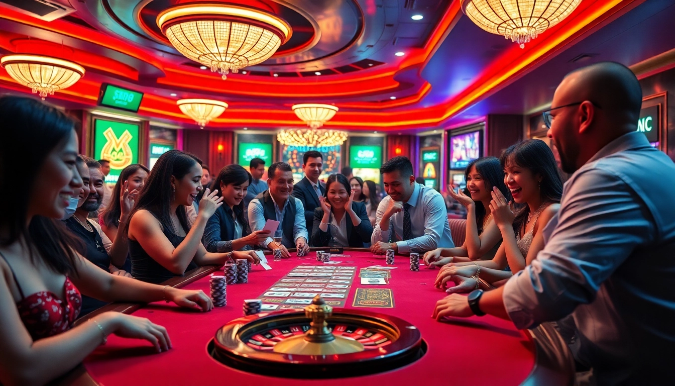 Engaging casino scene with poker players and roulette wheel, showcasing FLY88 Đăng kí excitement.