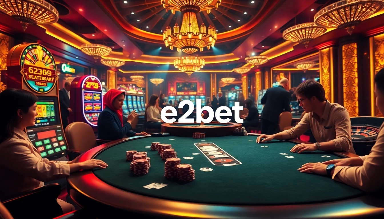 Experience the excitement of e2bet with players at a luxurious casino poker table.