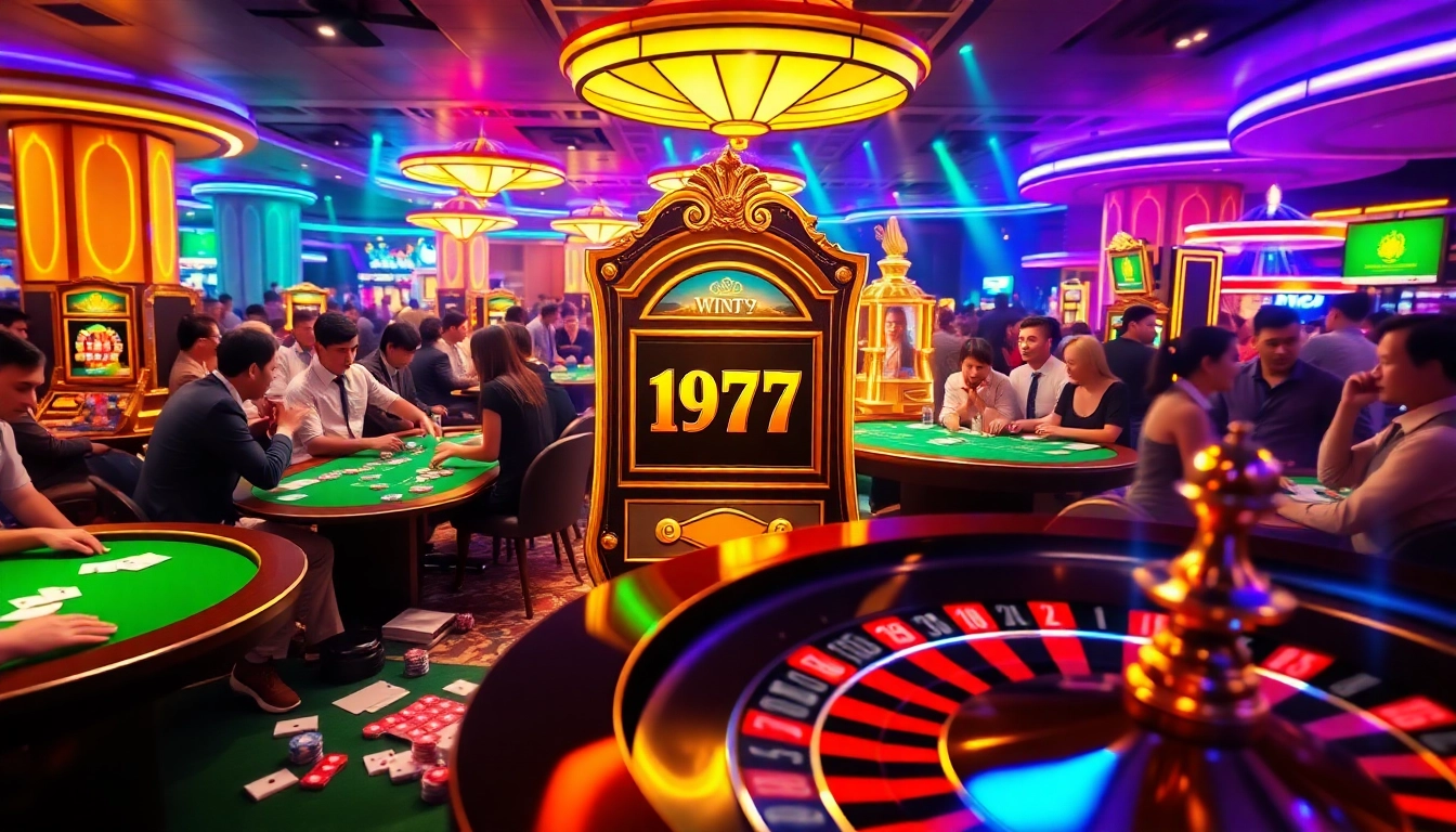 Players experiencing excitement at the Win79 slot machine in a luxurious casino setting.