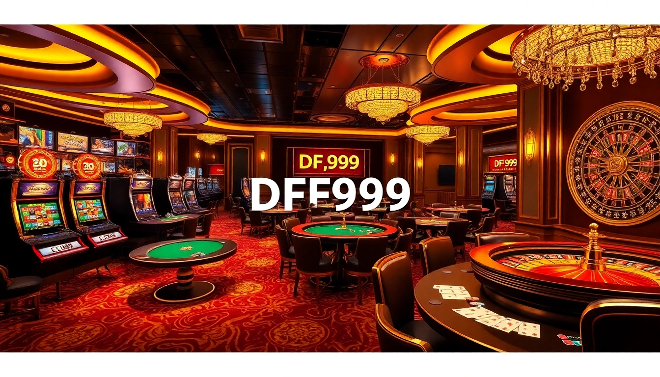 Engage in thrilling gameplay at DF999 casino with poker tables, vibrant slot machines, and roulette wheels.
