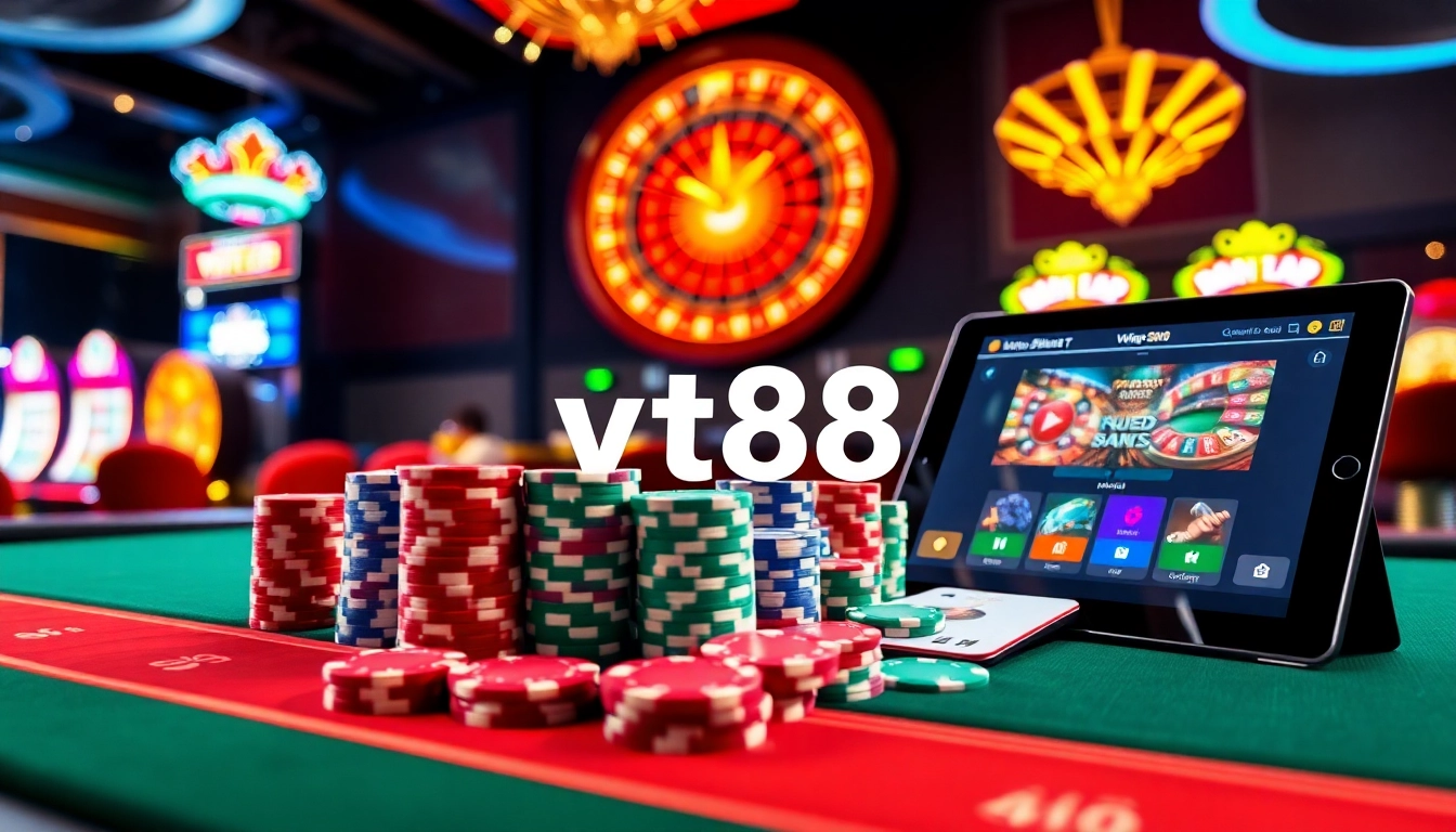 vt88 players engaged at a vibrant casino table featuring cards, chips, and roulette for an exciting experience.