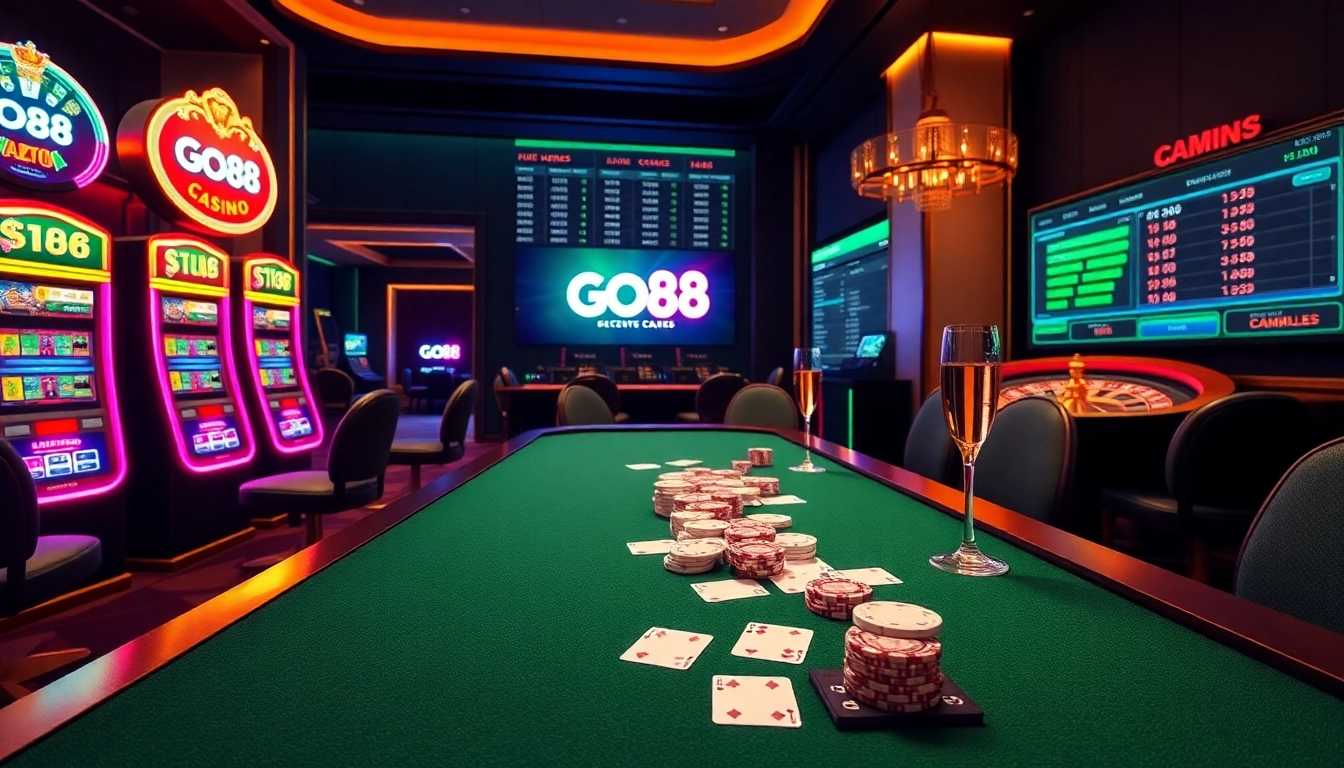 Exciting GO88 casino scene showcasing vibrant gaming with chips and cards.