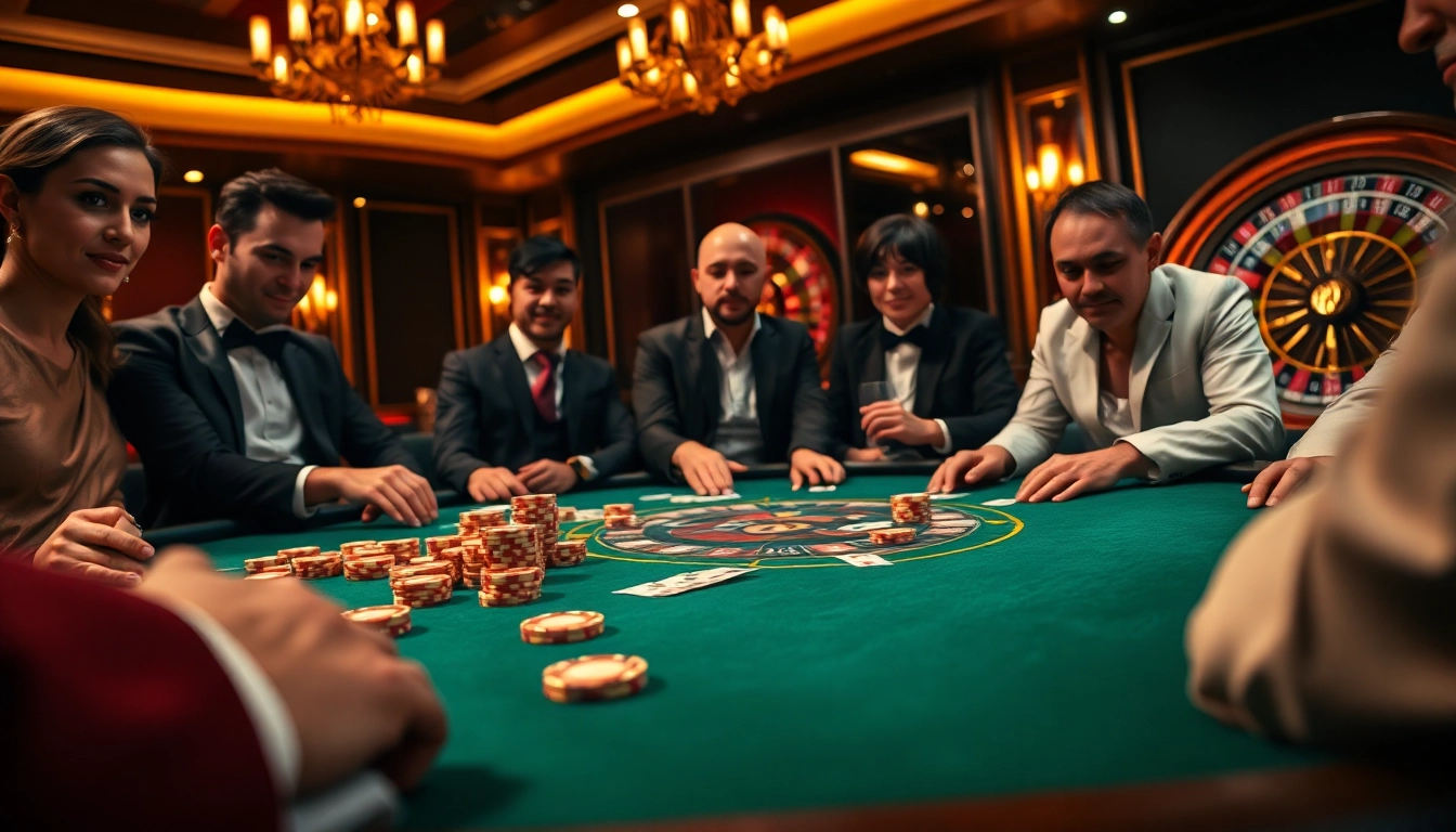 Cảnh poker cược cao làm nổi bật thương hiệu LUCK8 và LUCKY8 với những người chơi thanh lịch tại bàn casino.