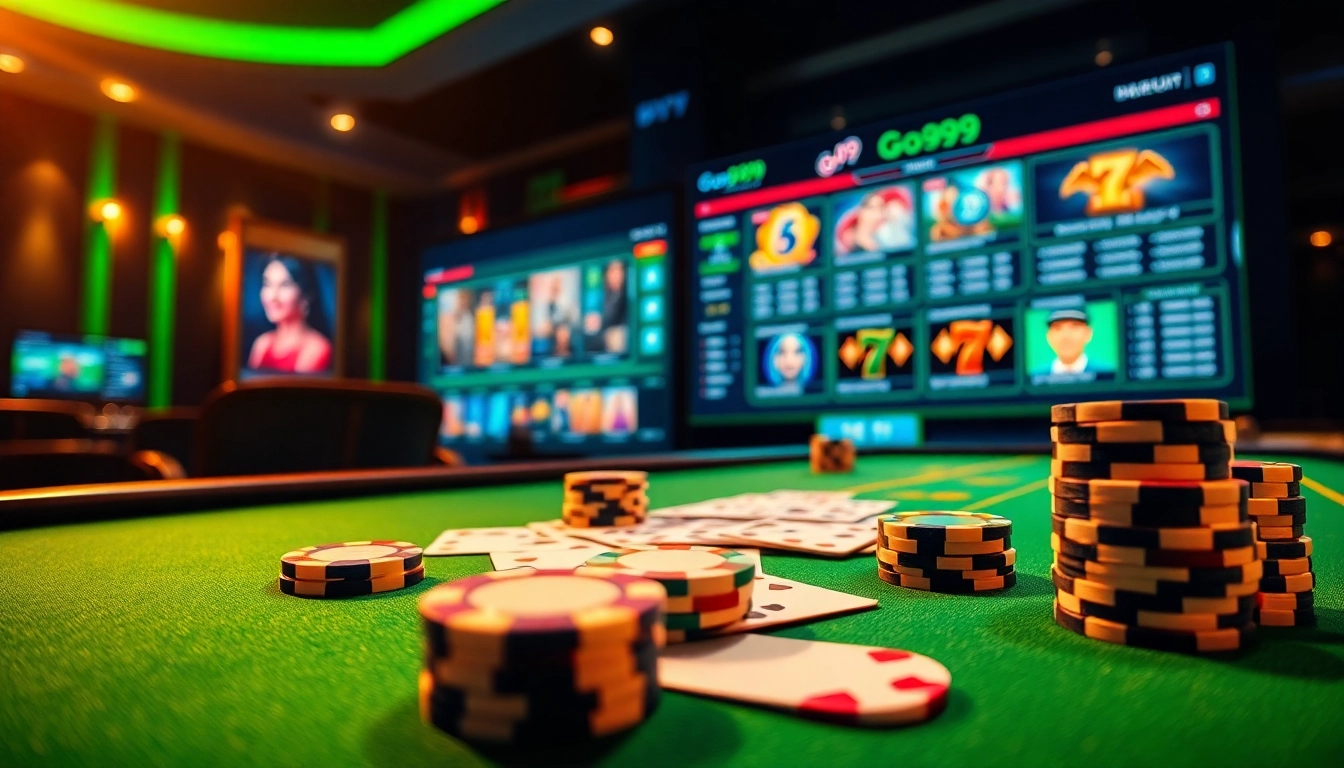 Players enjoying a premium gambling experience at Go99, featuring poker chips and cards.