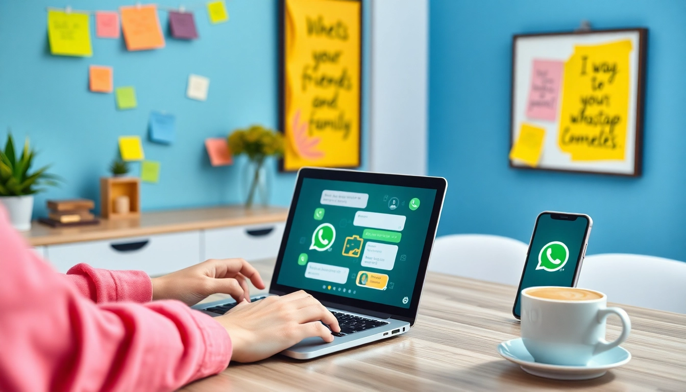 用户在现代工作空间中使用笔记本电脑与 WhatsApp网页版交互。